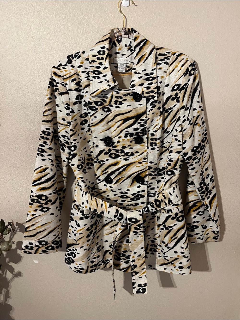 Tweeds Black and Gold Animal Print Trench-Style Jacket NWOT